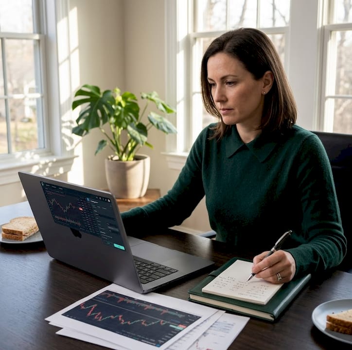 Woman setting trading alerts at kitchen table