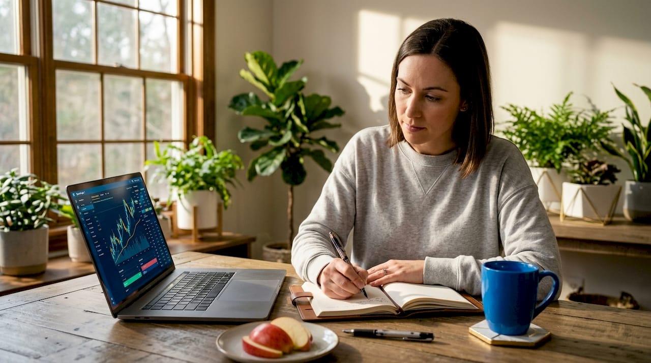 Woman recording trades in a journal at kitchen table