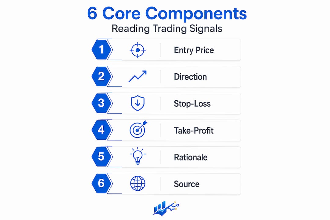 Infographic summarizing six core signal components