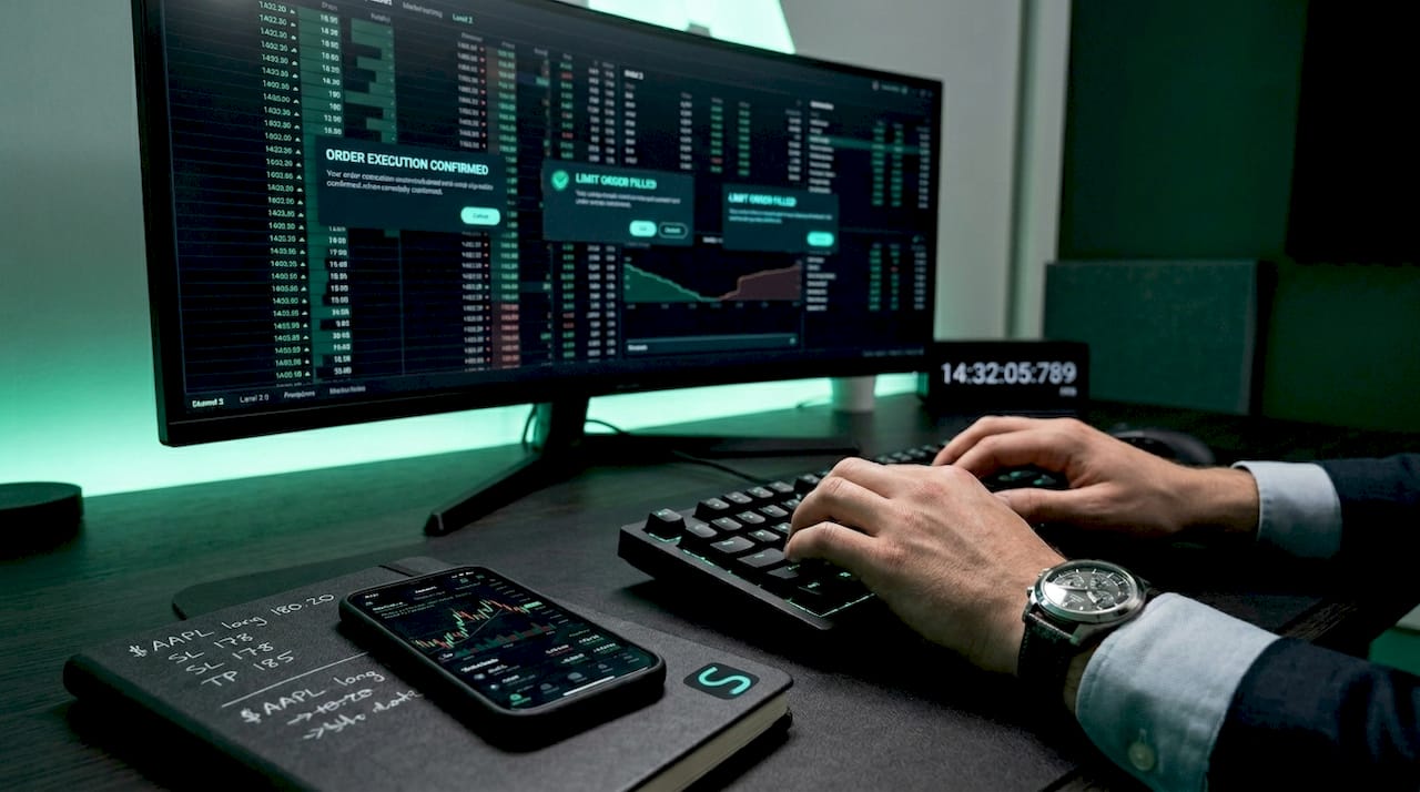 Trader's hands typing on keyboard with trading screens
