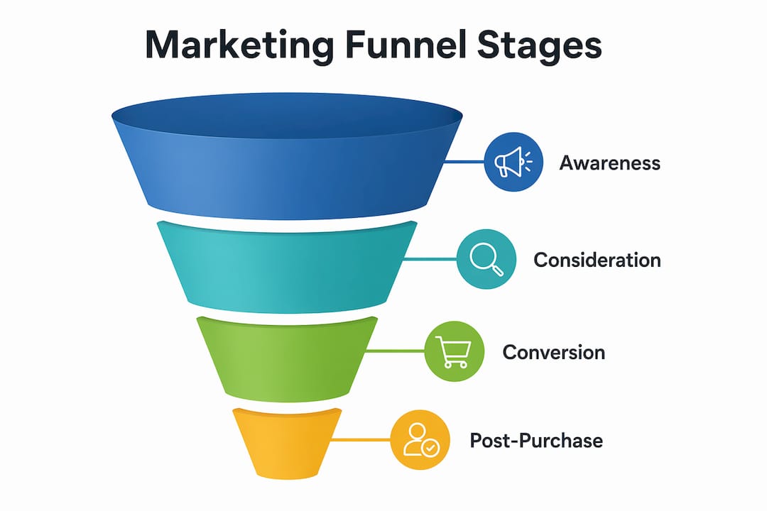 Infographic illustrating marketing funnel stages from awareness to post-purchase