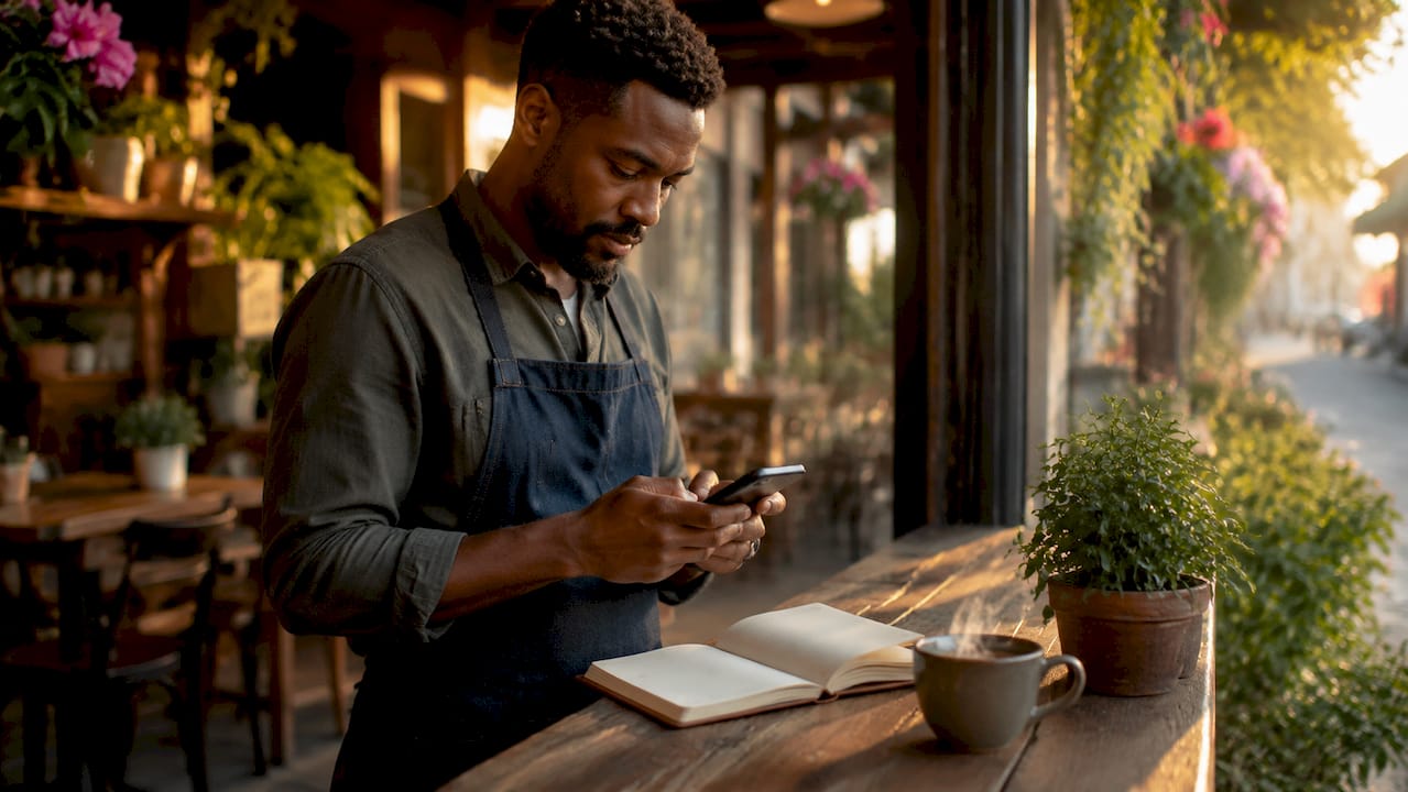 Business owner managing online profile indoors