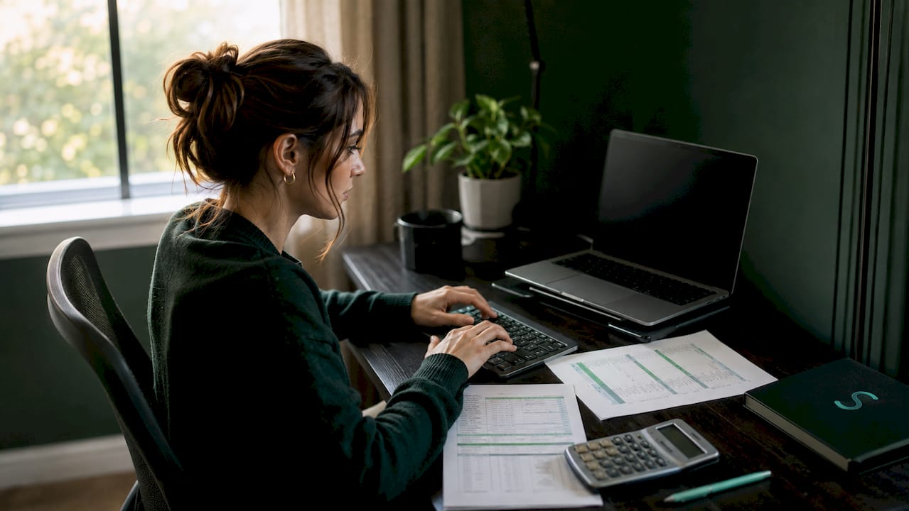Hands calculating trade risk on spreadsheets and calculator