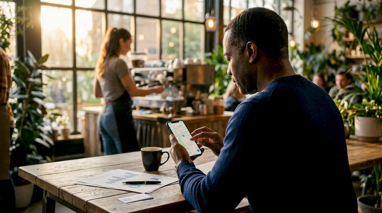 Marketer using phone and laptop for local search signals