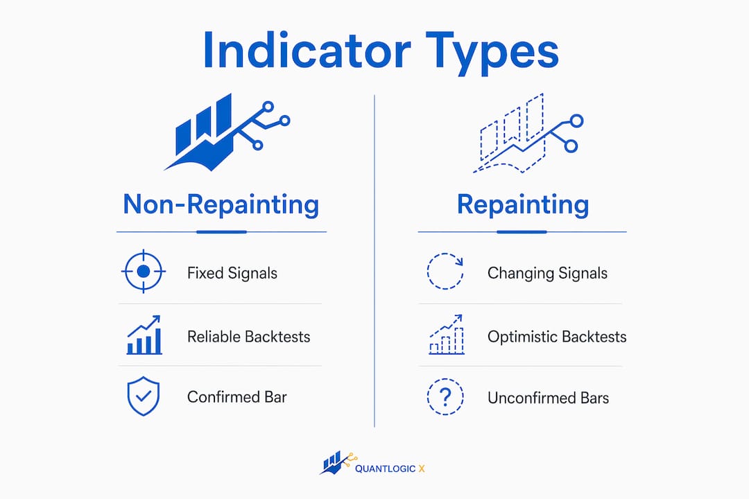 Infographic comparing non-repainting and repainting indicators