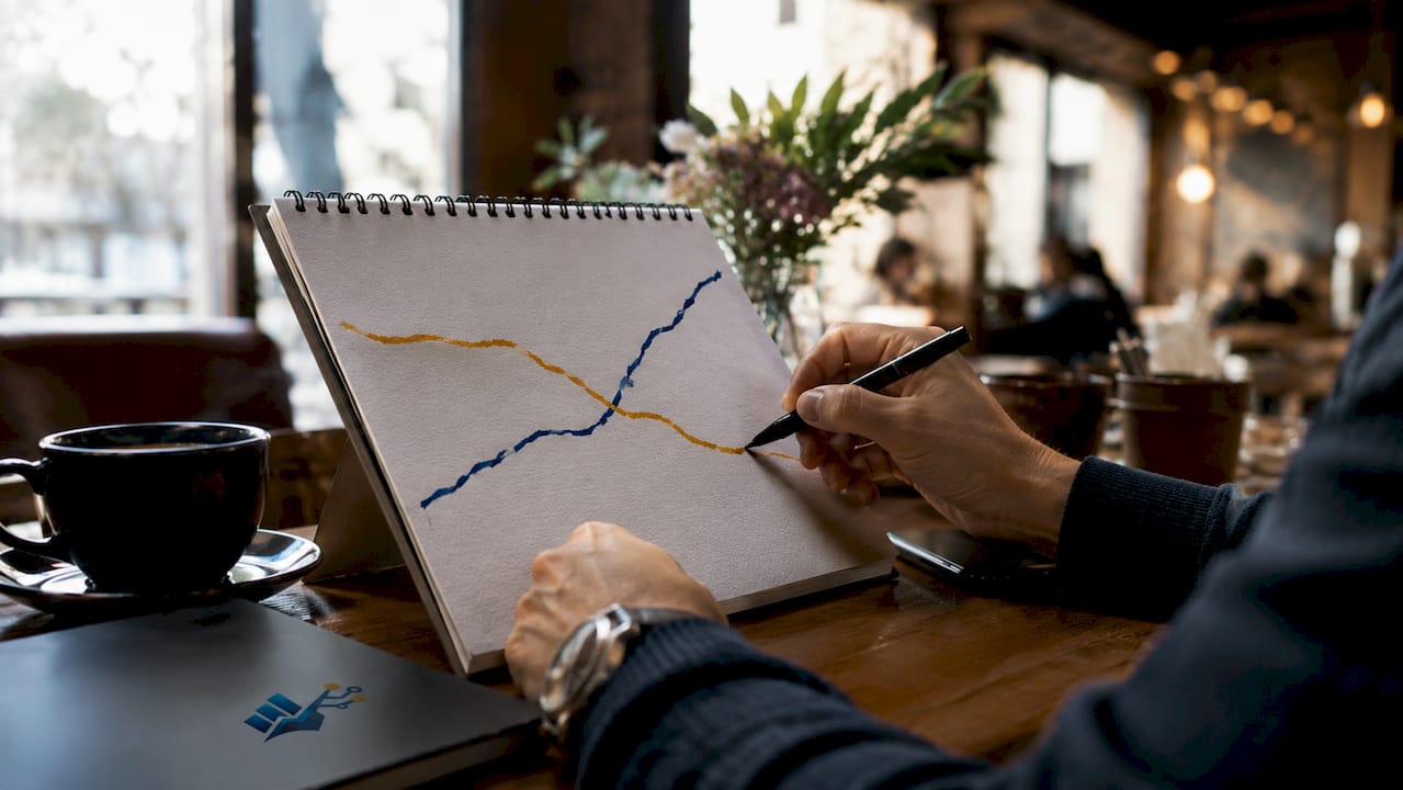 Hands sketching moving average crossover pattern