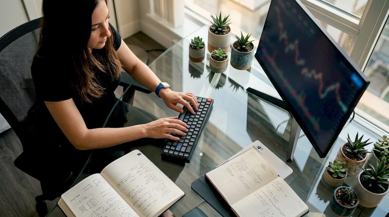 Trader's hands typing with market analysis tools