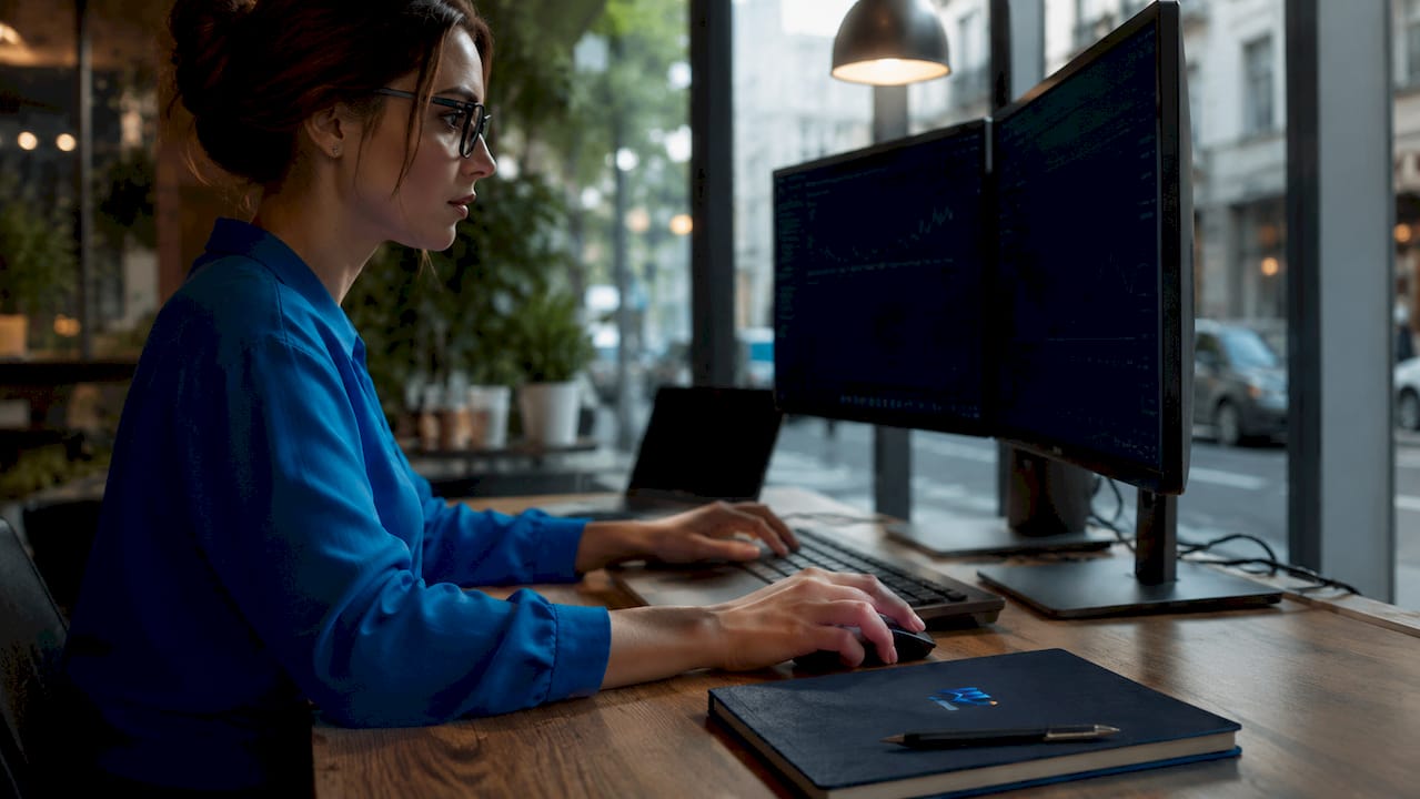 Analyst at dual monitors reviewing trading indicators