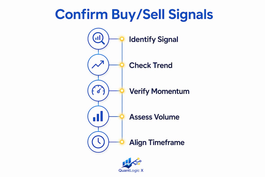 Infographic illustrating steps to confirm buy sell trading signals