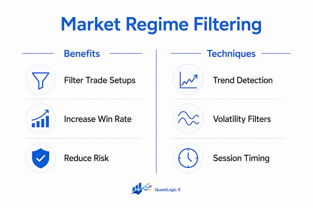 Infographic comparing benefits and techniques of market regime filtering