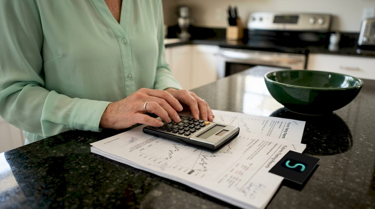 Hands using calculator on futures margin documents