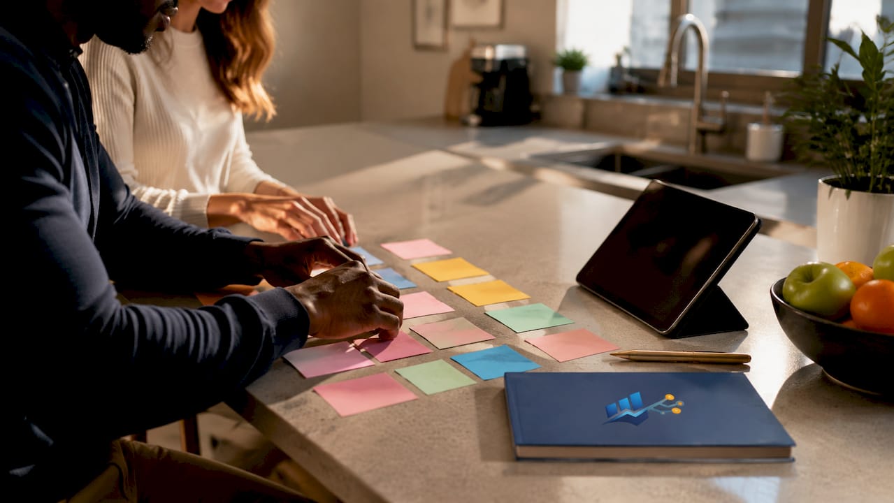 Hands sorting trading strategy cards on desk