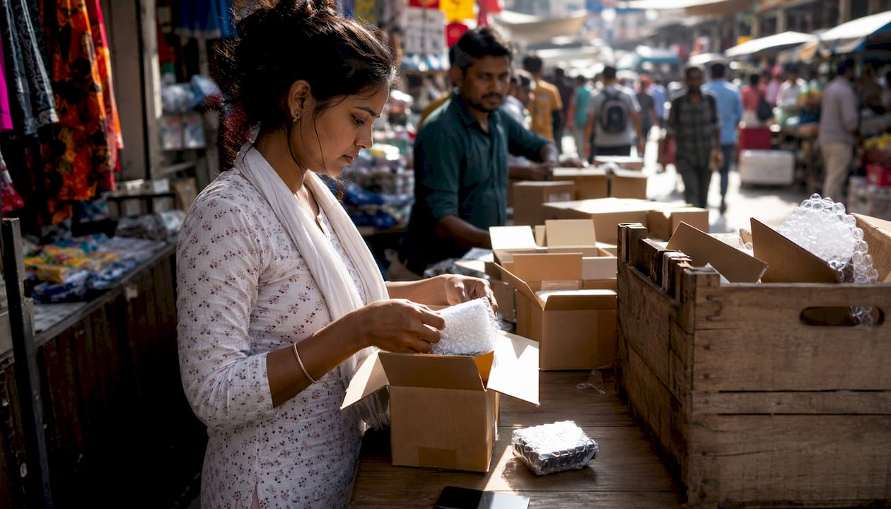 Hands packing products for e-commerce shipping