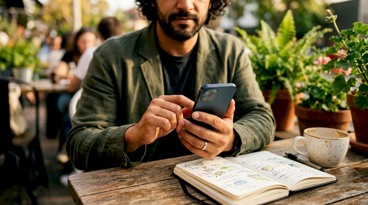Man scrolling smartphone at café table