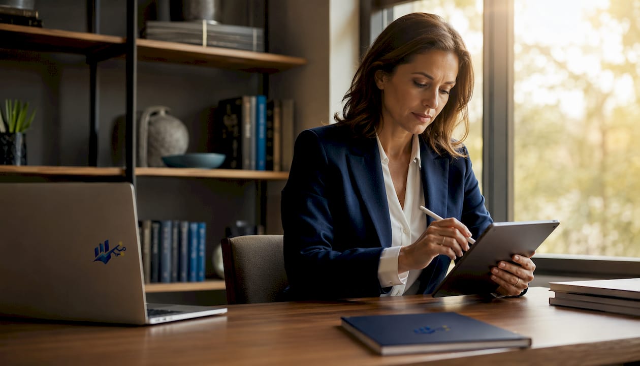 Analyst managing risk on tablet in office lounge