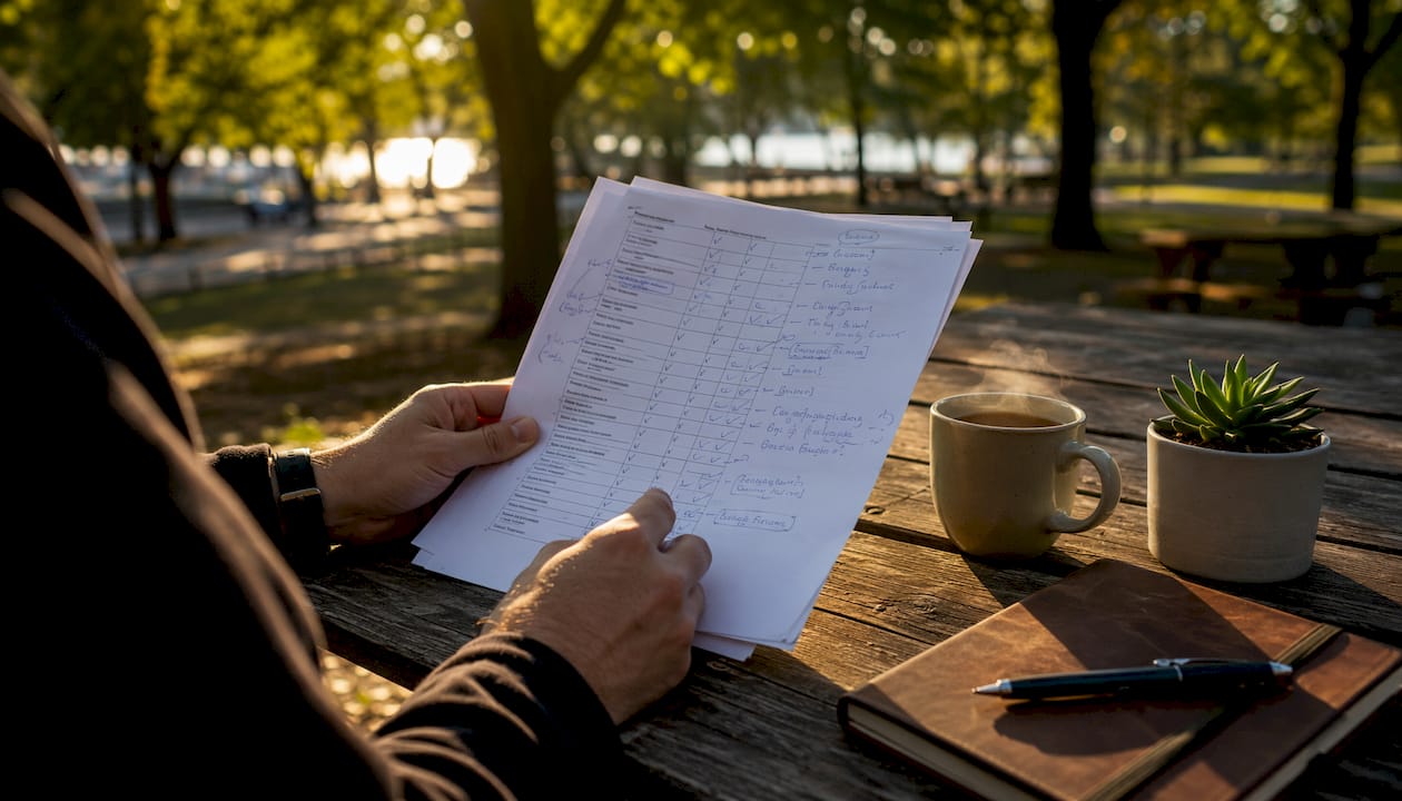 Hands holding SEO audit checklist at café table