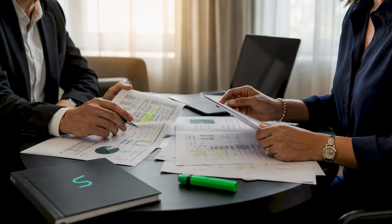 Hands reviewing audit documents at meeting table