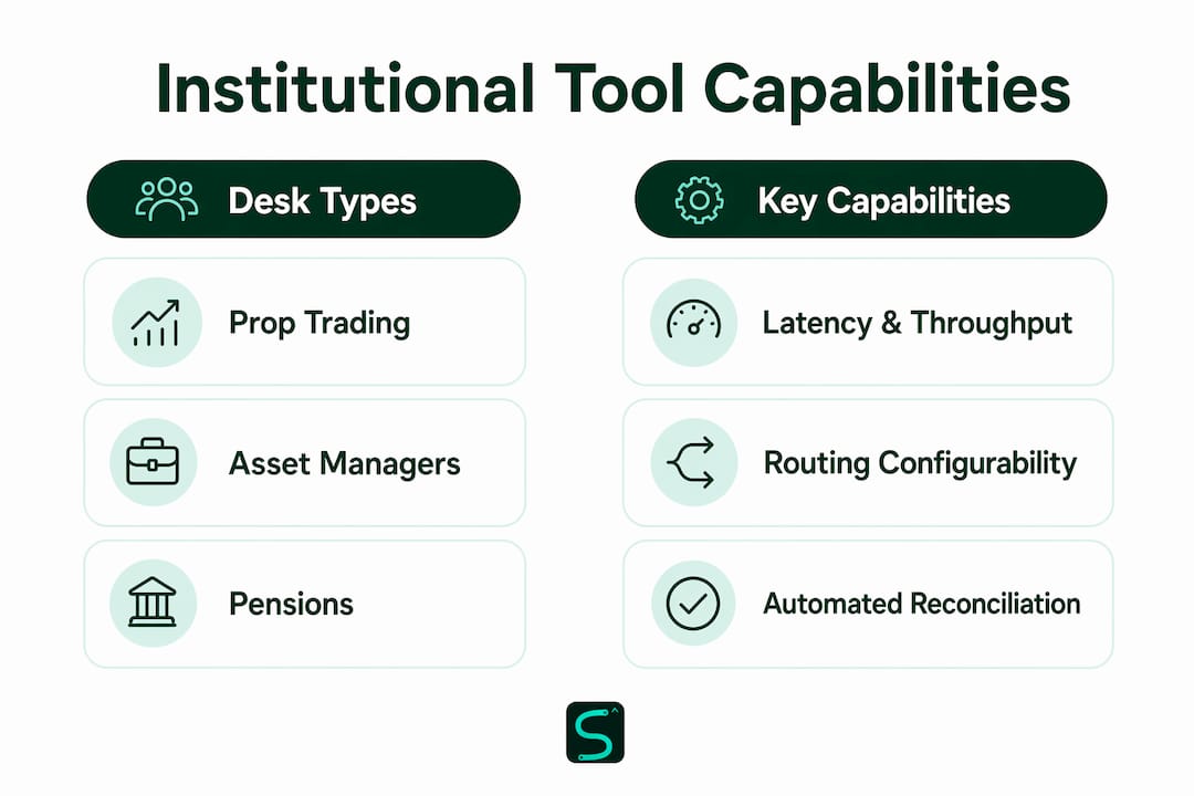 Infographic comparing institutional tool capabilities and desk types