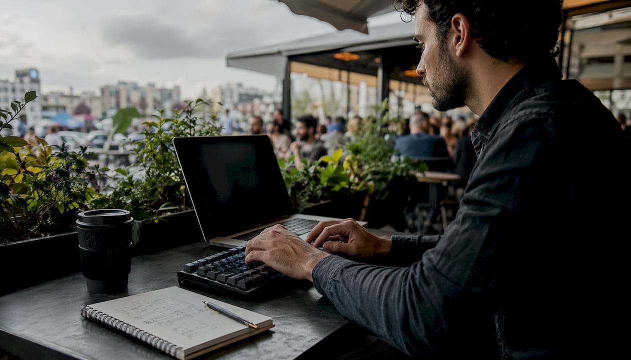 Hands typing on keyboard with UX notes on desk