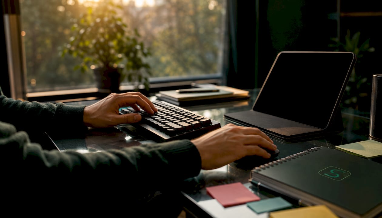 Hands typing on keyboard confirming trading alert