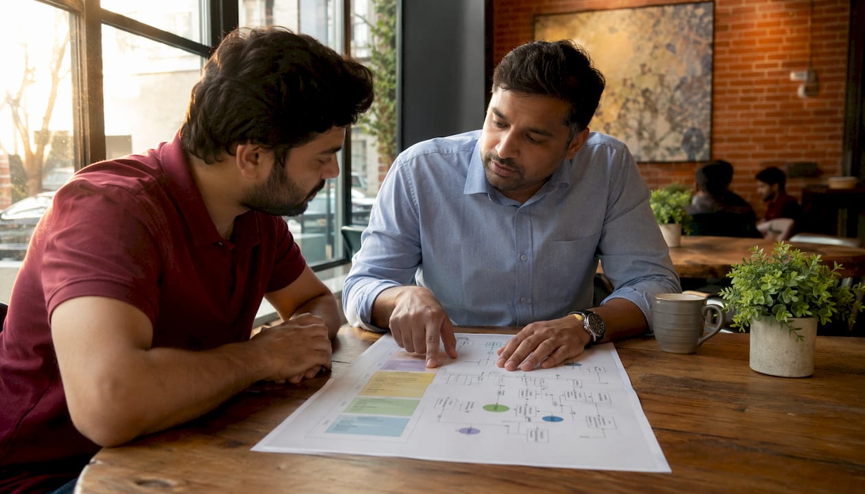 Two men discussing customer acquisition process stages