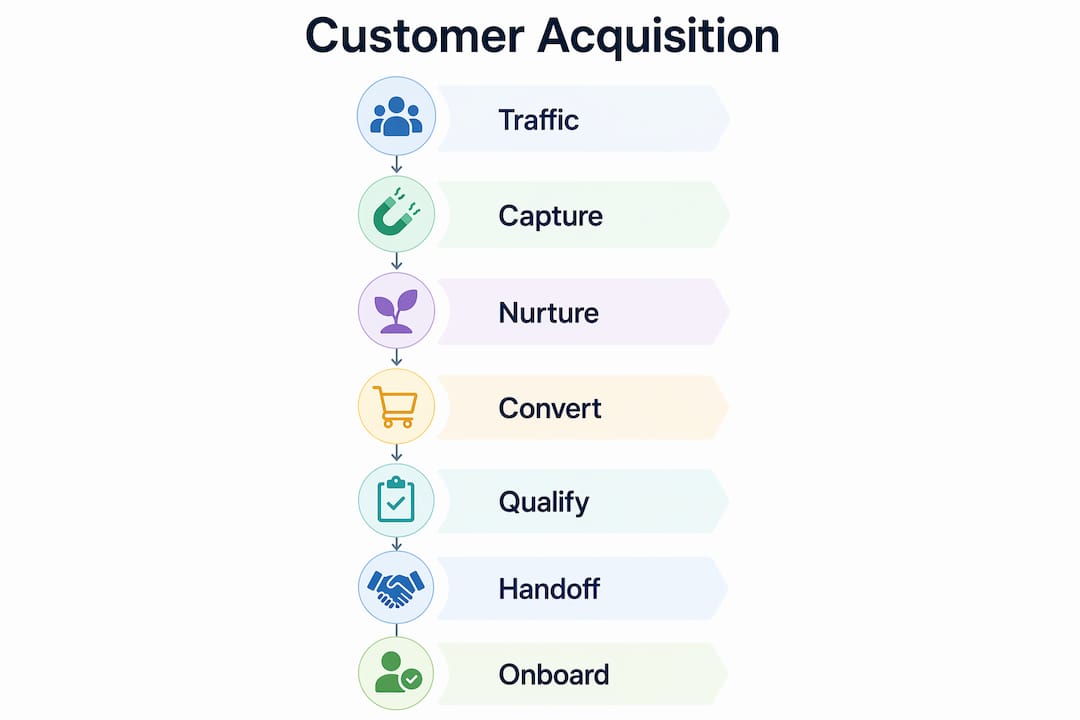 Infographic showing seven stages of customer acquisition process