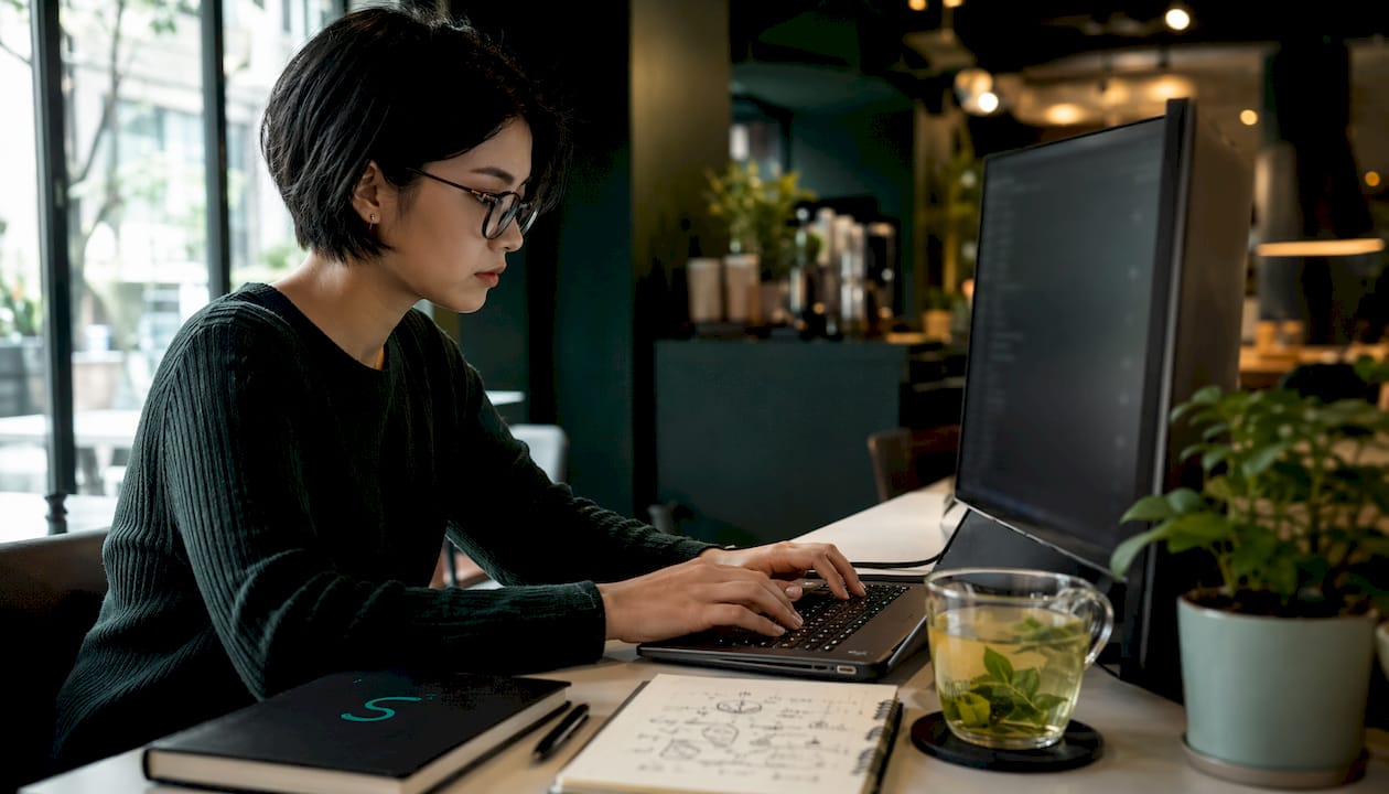 Side profile of coder working on trading scripts