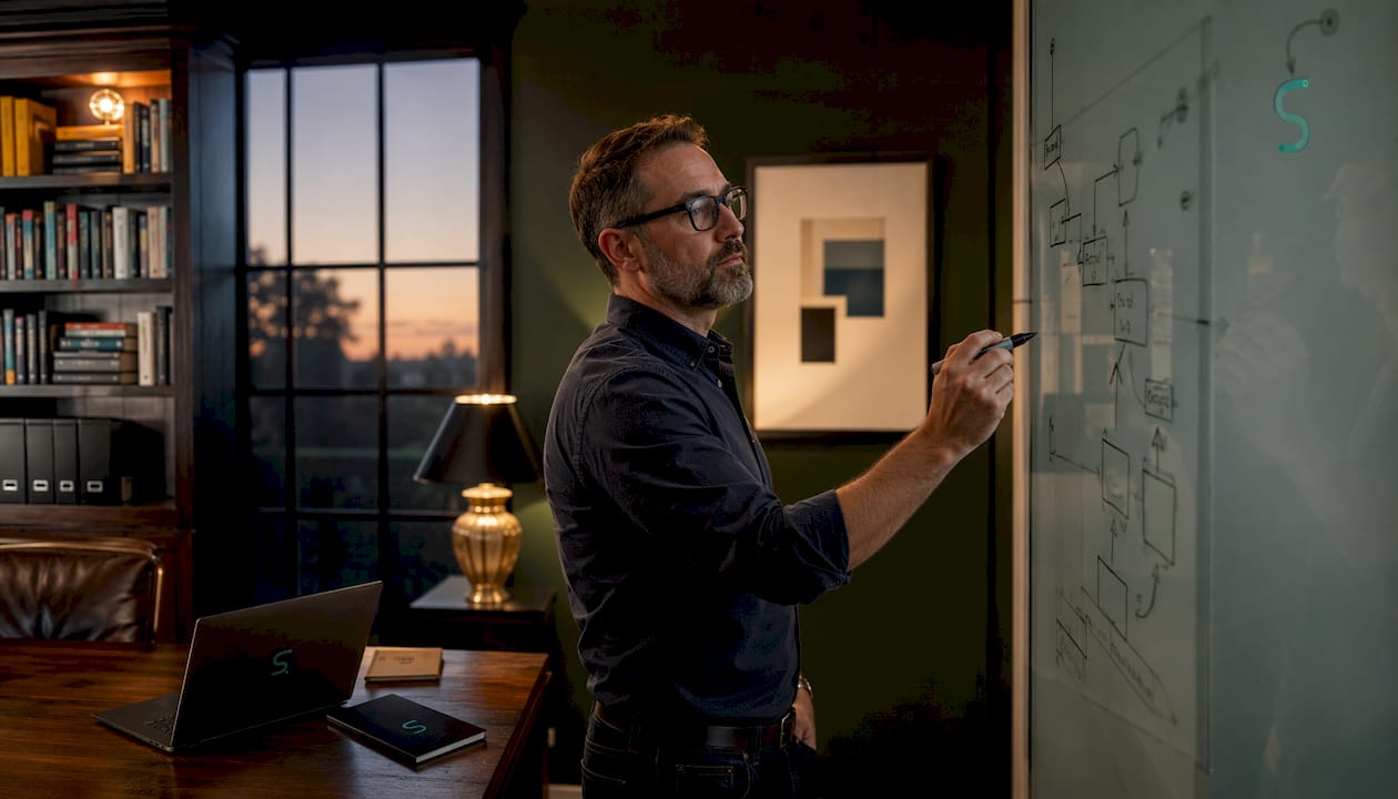 Man writing trading workflow on glass board