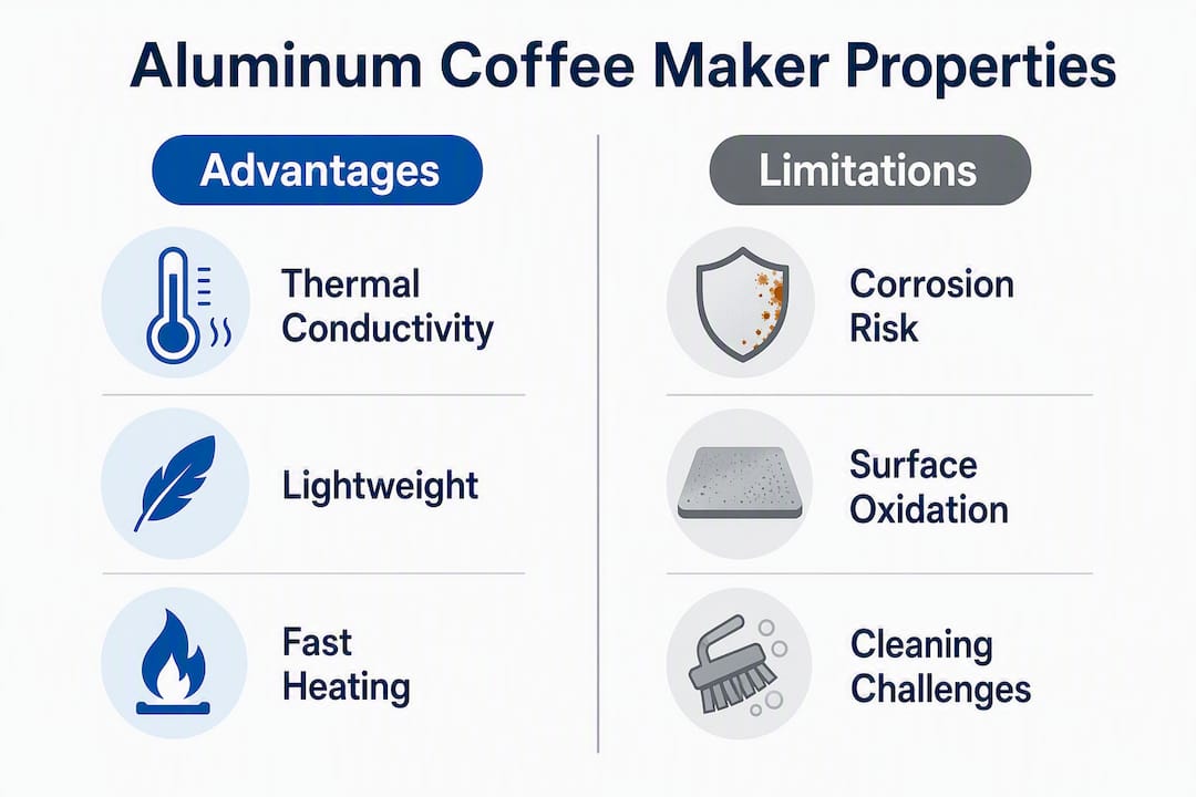 Infographic comparing advantages and limitations of aluminum coffee makers