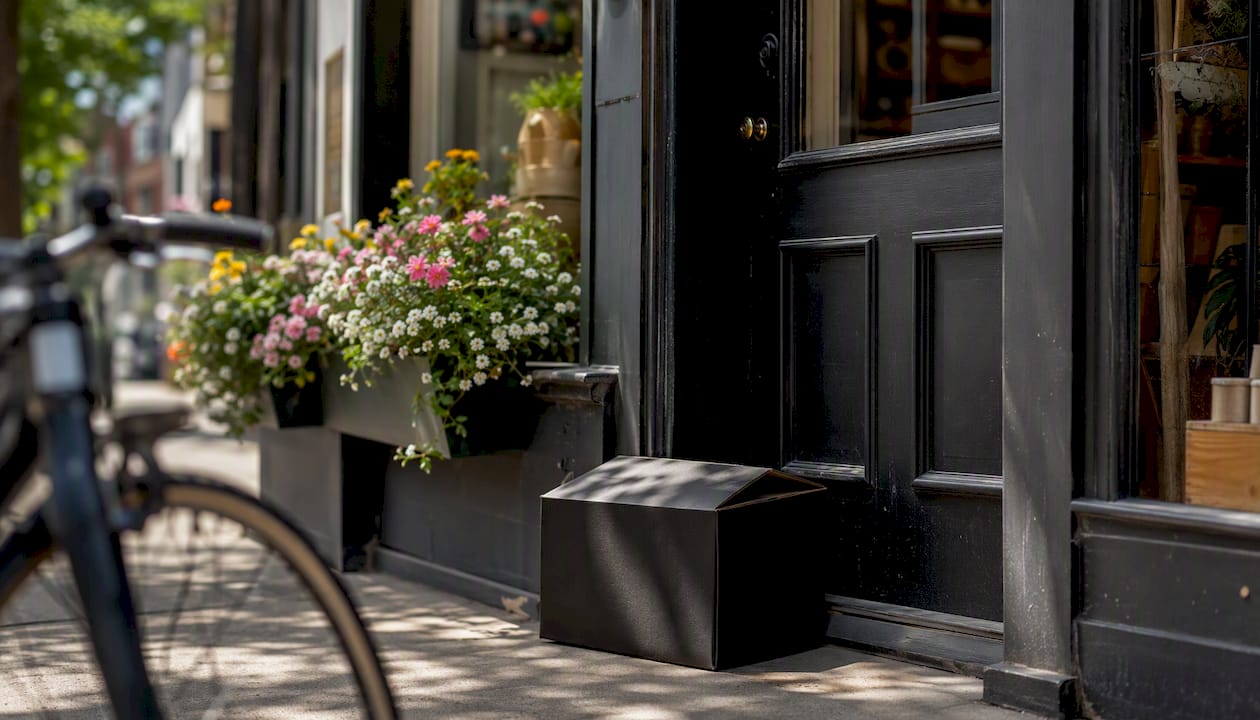 Local small retail storefront with product box outside