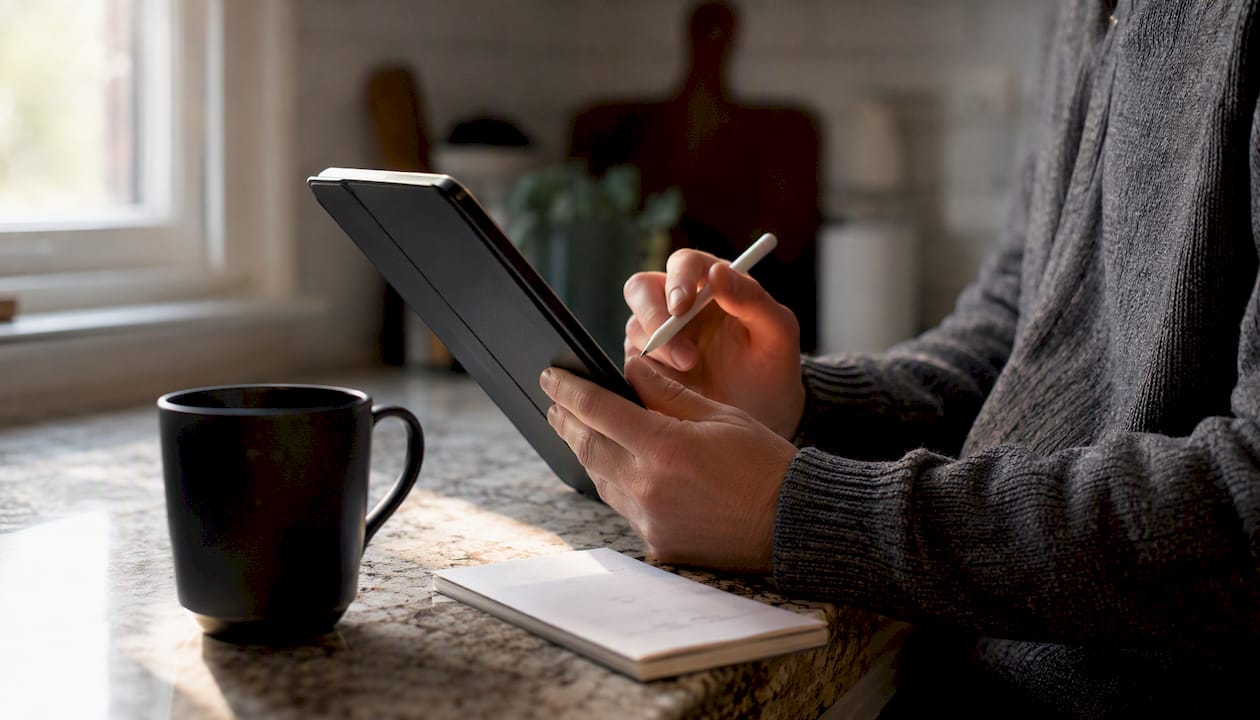 Hands checking marketing tasks on plain tablet case