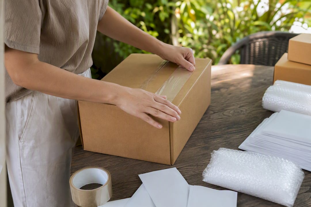 Hands sealing cardboard shipping box