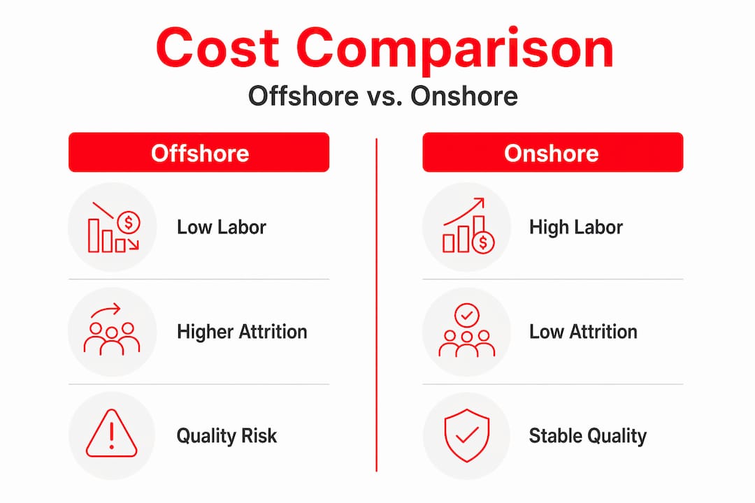 Offshore Staffing Cost-Benefit Analysis for Leaders 2 Infographic comparing offshore and onshore staffing costs