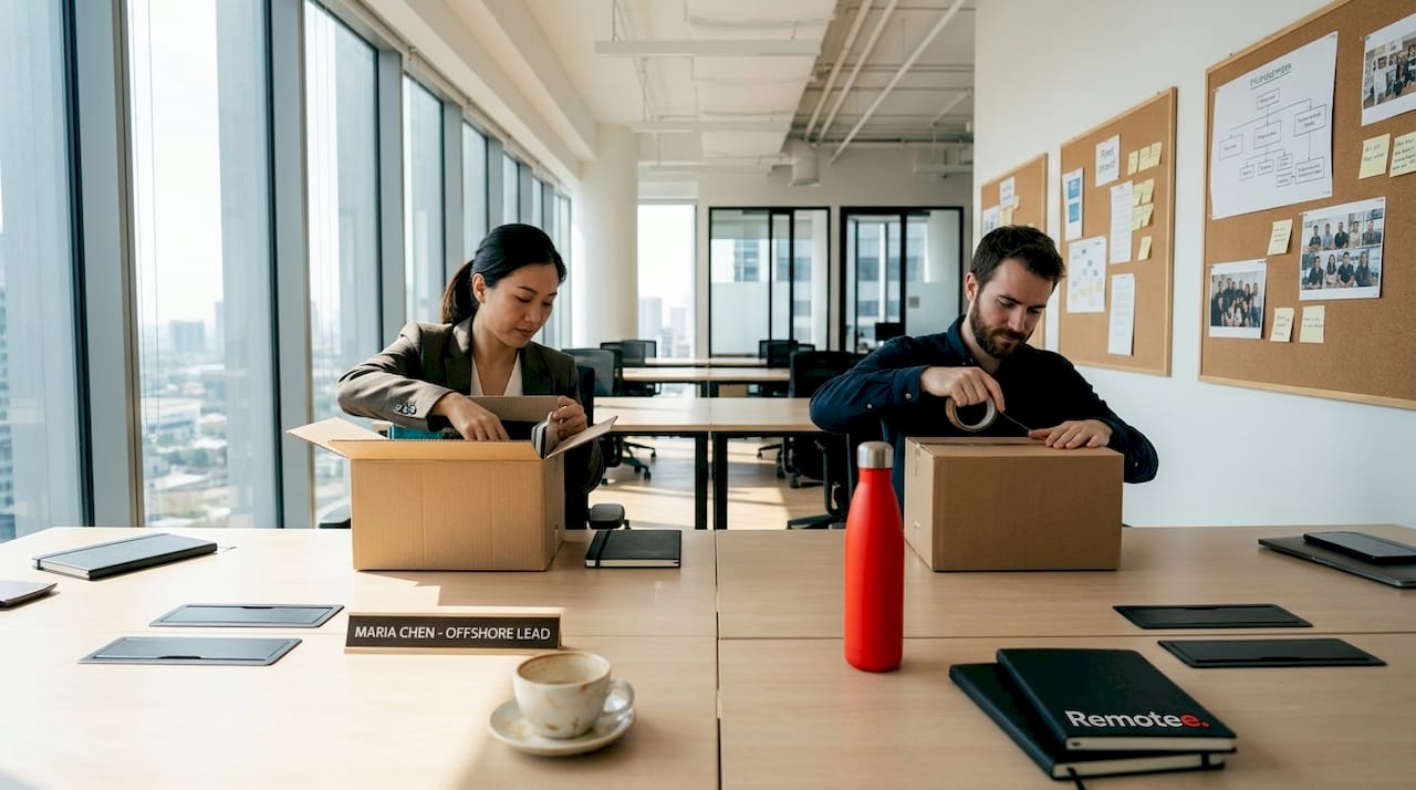 Common Offshore Staffing Vendor Mistakes to Avoid 2 Two team members packing desks after turnover