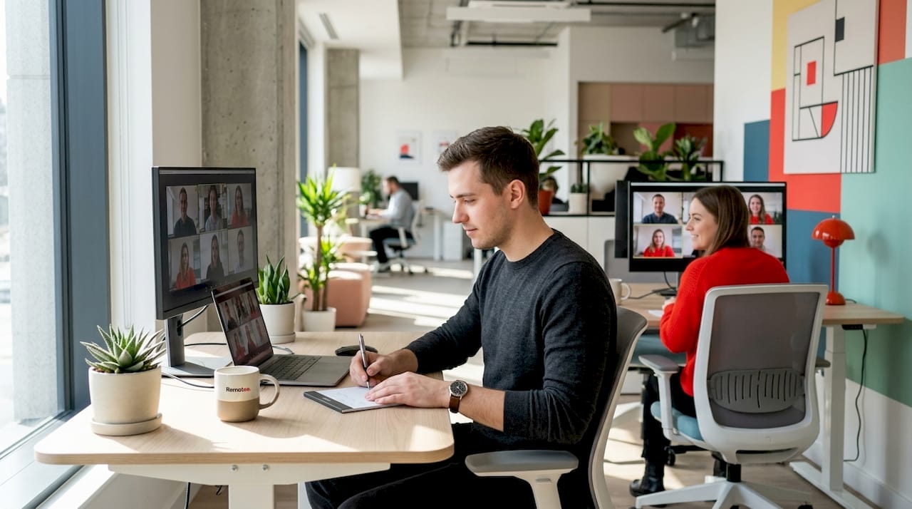 What Is Offshore Software Development: a 2026 Guide 2 Remote team video call at modern workspace