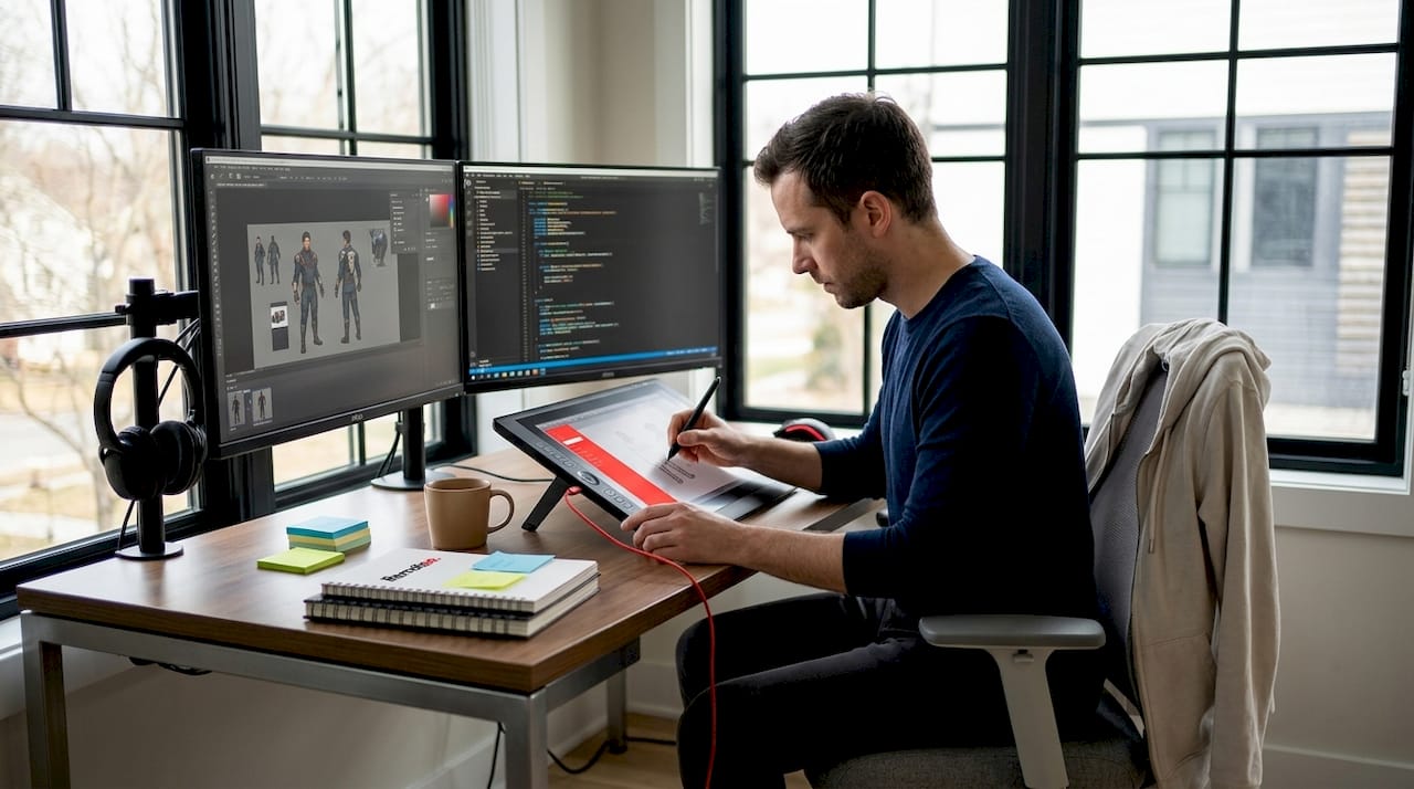 How Offshore Game Designers Are Hired in 2026 2 Game designer working in a bright home office