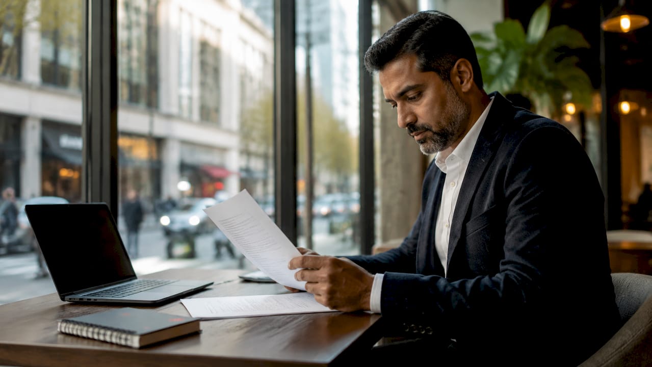 Man reviewing employment contracts in office