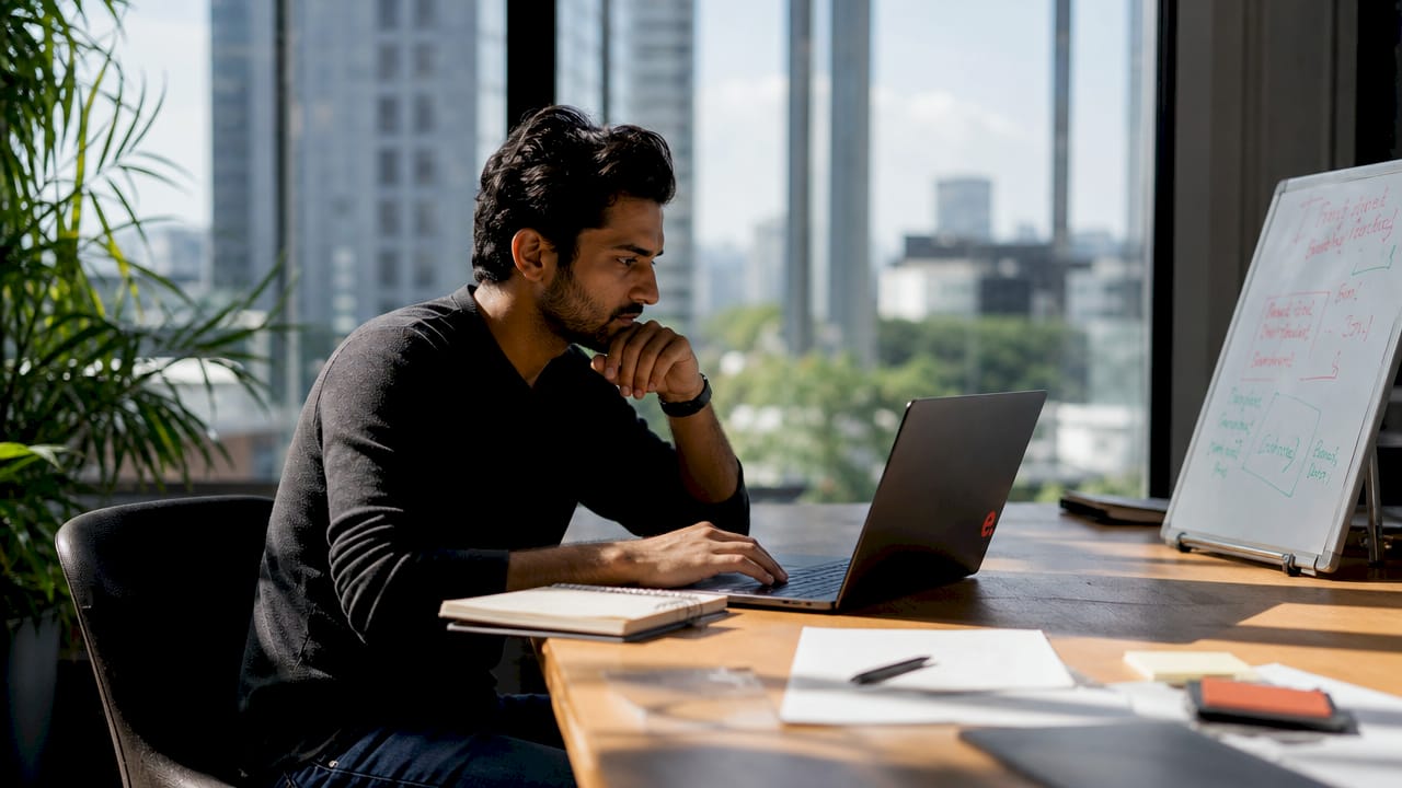 Man reviewing financial spreadsheets at desk