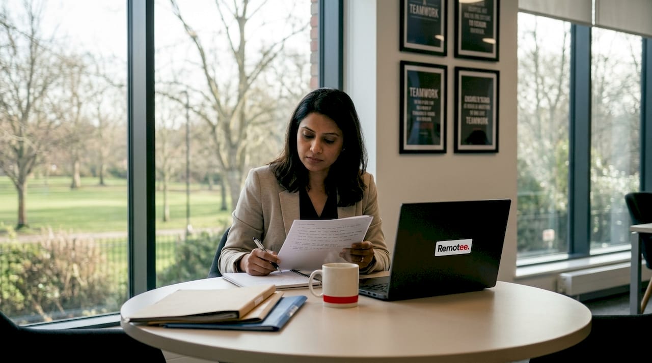 Professional woman managing offshore team notes in office