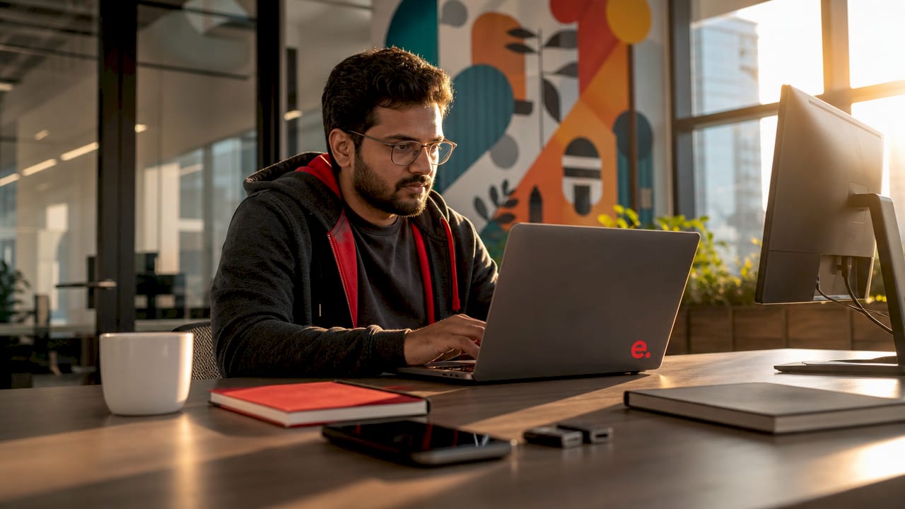 Indian software developer working at desk in office