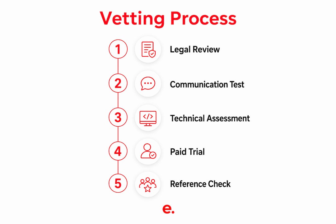 Offshore Developer Vetting Process: A 2026 Guide 3 Infographic showing offshore developer vetting steps