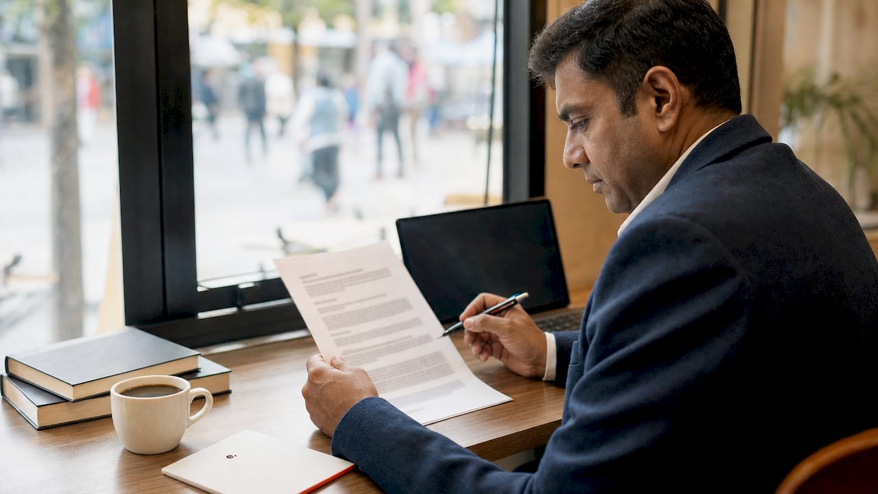 Offshore Developer Vetting Process: A 2026 Guide 2 Professional reviewing NDA contract at desk