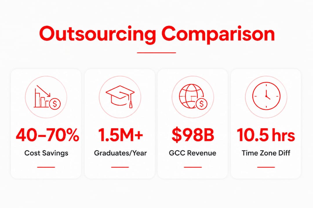 Why India for Software Outsourcing: 2026 Business Guide 3 Infographic comparing key outsourcing metrics