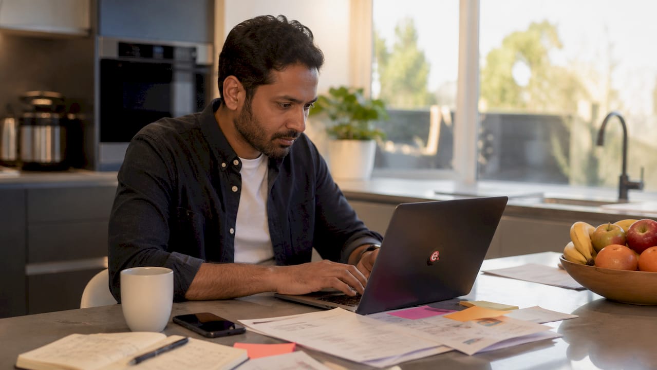 Remote offshore employee working at home office desk, typing laptop