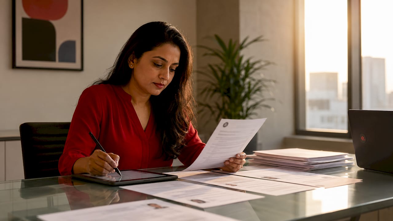 Woman reviewing resumes in conference room