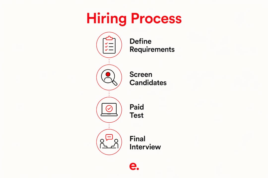 How Offshore PPC Specialists Are Hired: 2026 Guide 3 Infographic showing four stages of hiring offshore PPC specialists