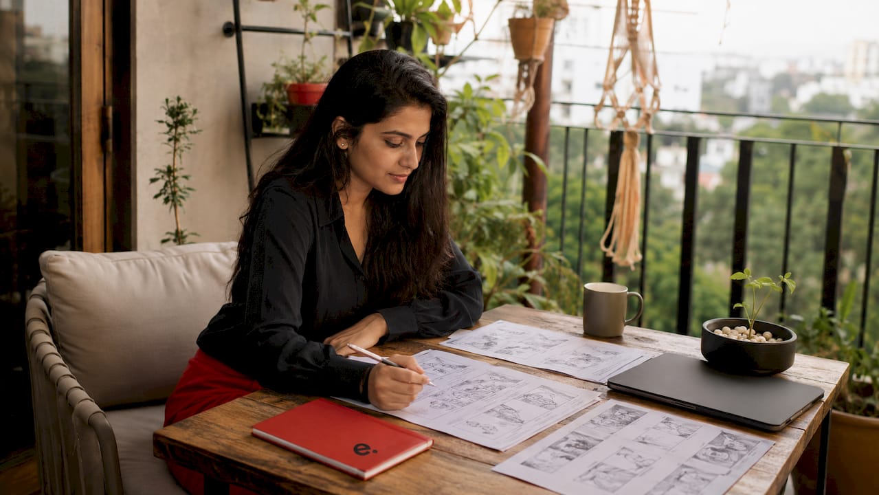 Recruiter reviewing storyboard artist portfolio sheets