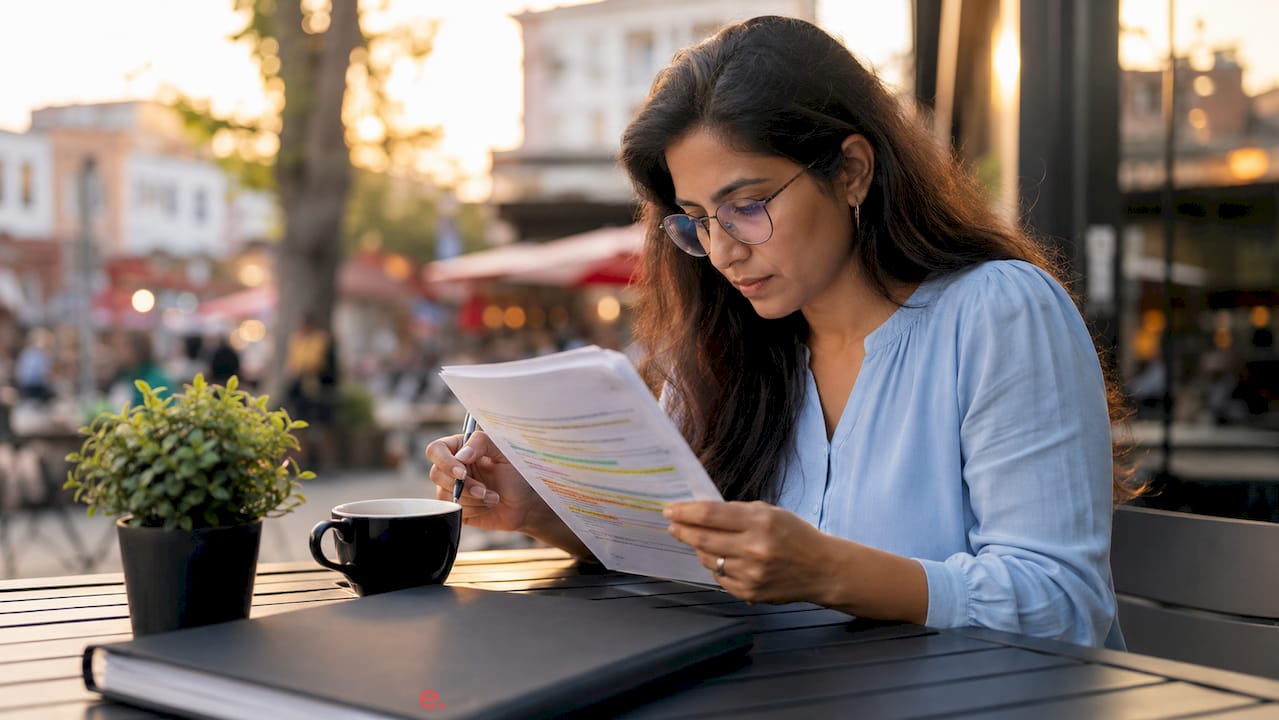 Woman reviewing hiring compliance documents at desk