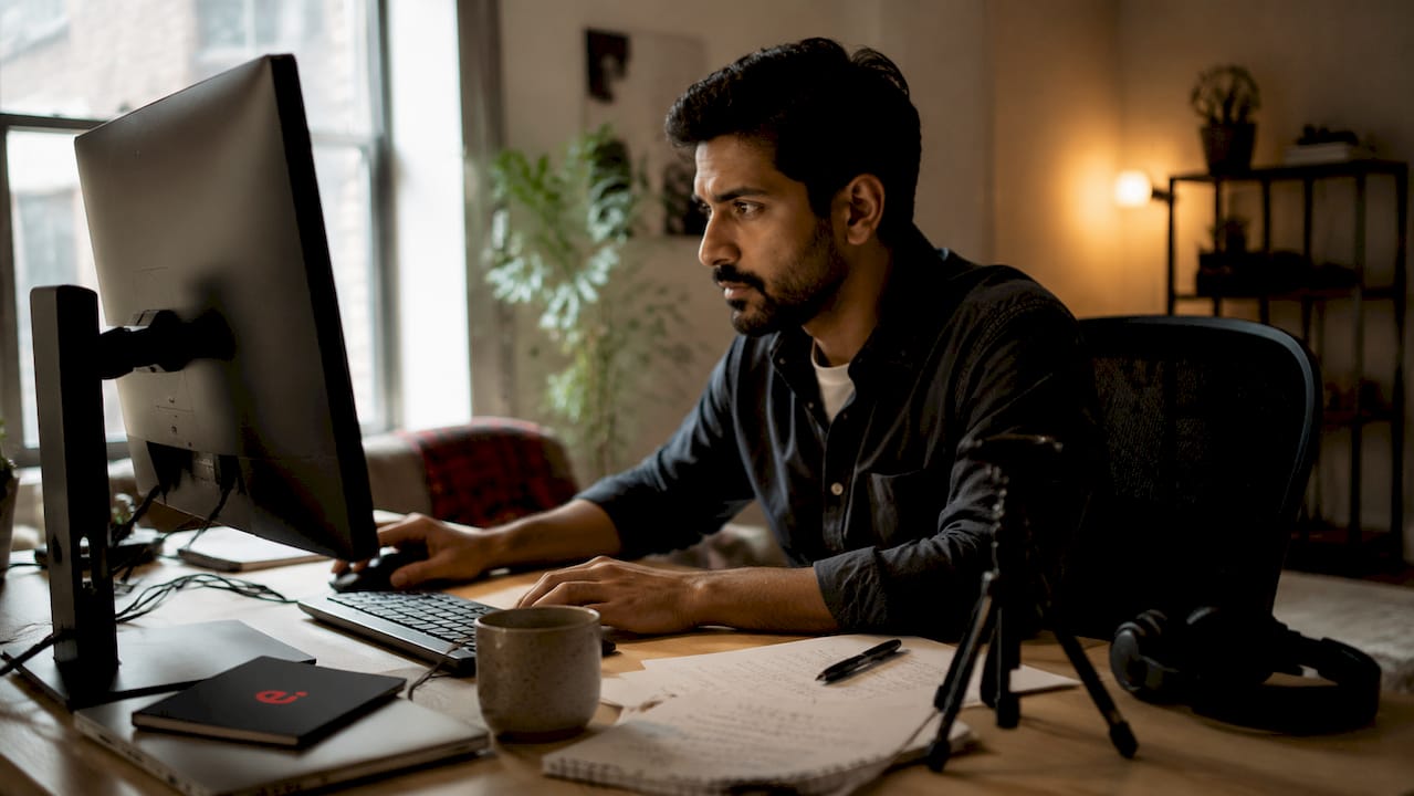 Man editing video in home office