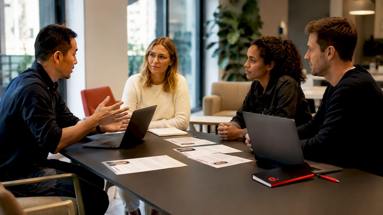 Diverse team discussing offshore hiring at table
